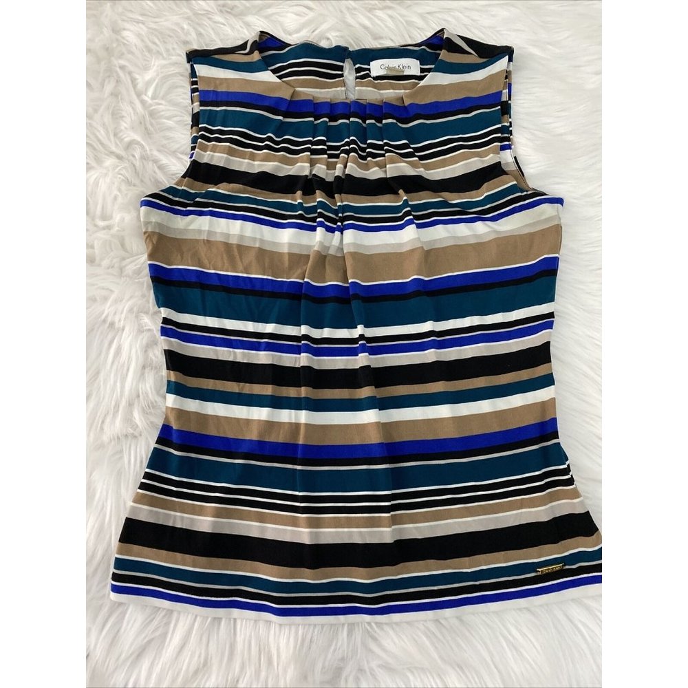 Calvin Klien womens XS stretch sleeveless blouse stripe pleated neckline